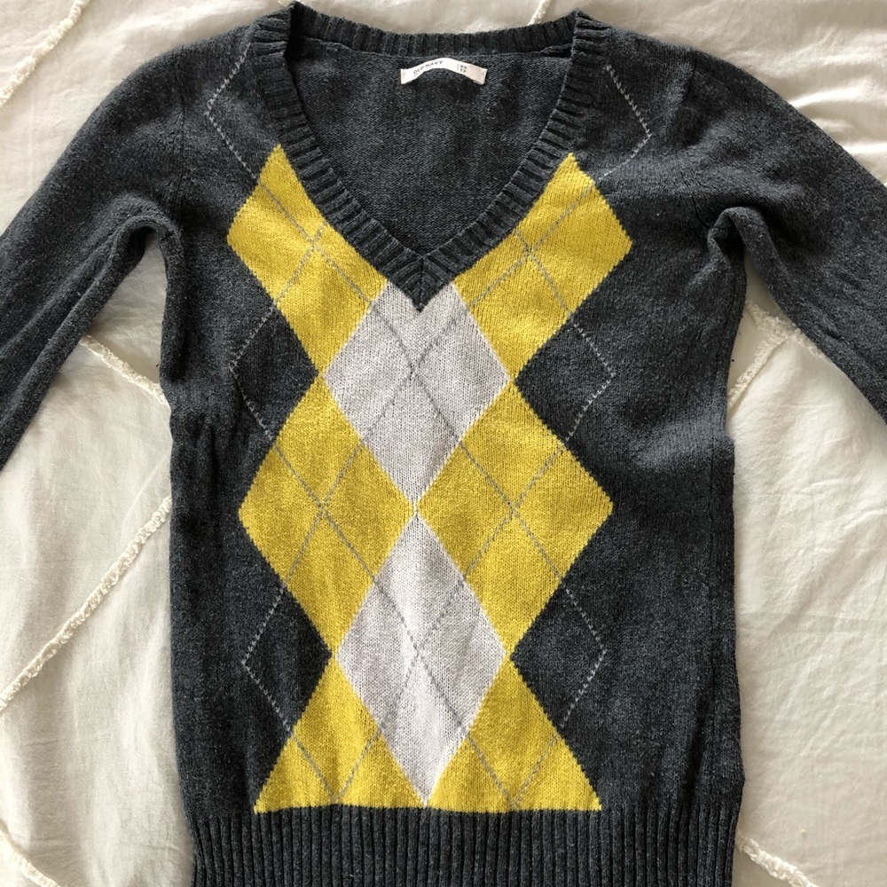 Grey, white and yellow argyle sweater